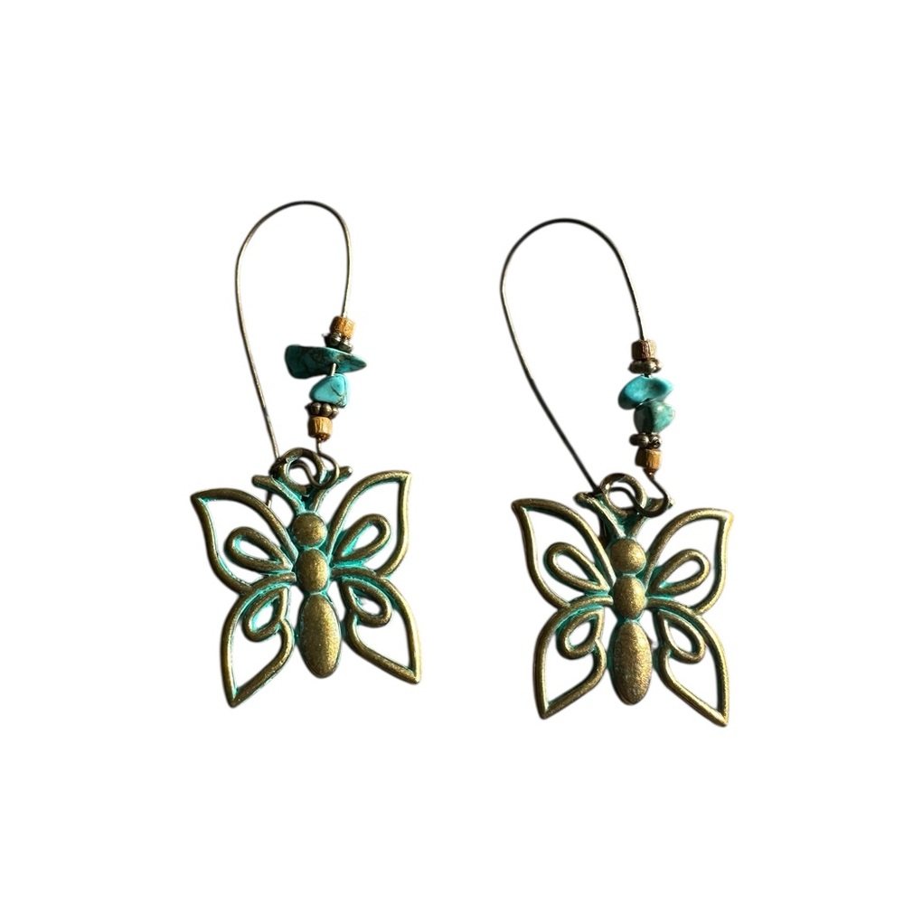 Boho Butterfly Design Antique Gold and Turquoise Drop Earrings